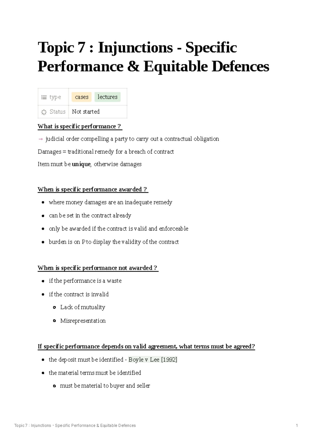 Topic 7: Specific Performance & Equitable Defences Lectures - Studocu
