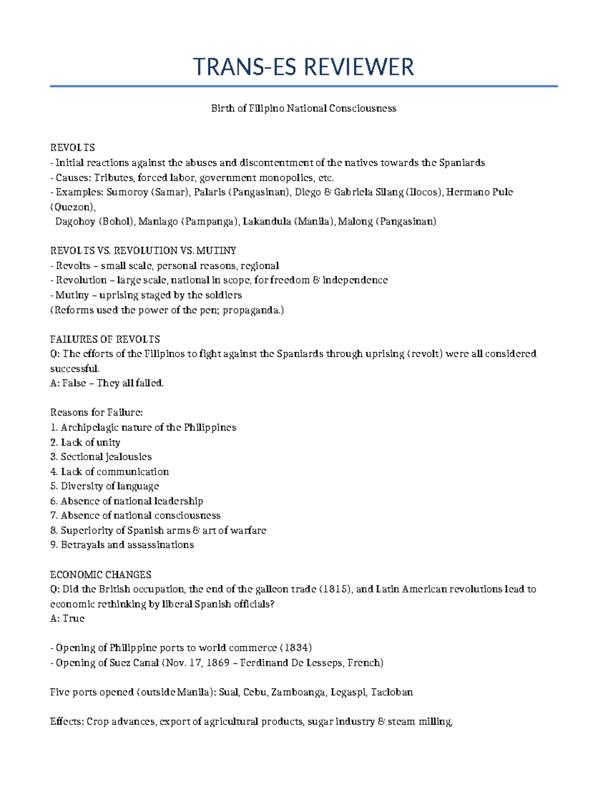 Trans-ES Reviewer: Birth of Filipino National Consciousness and Revolts ...
