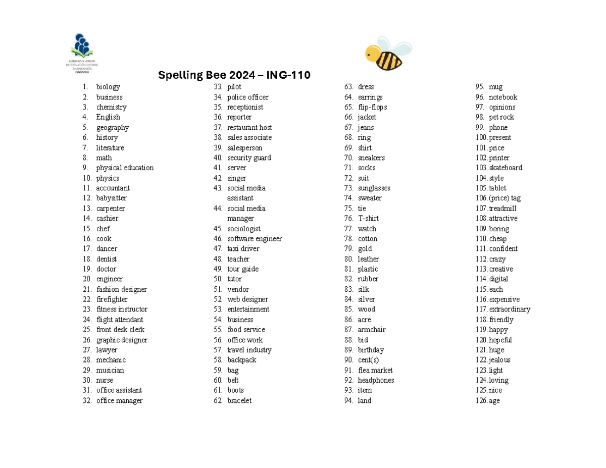 KET exam preparation: 2025-1 spelling bee vocabulary list - Studocu