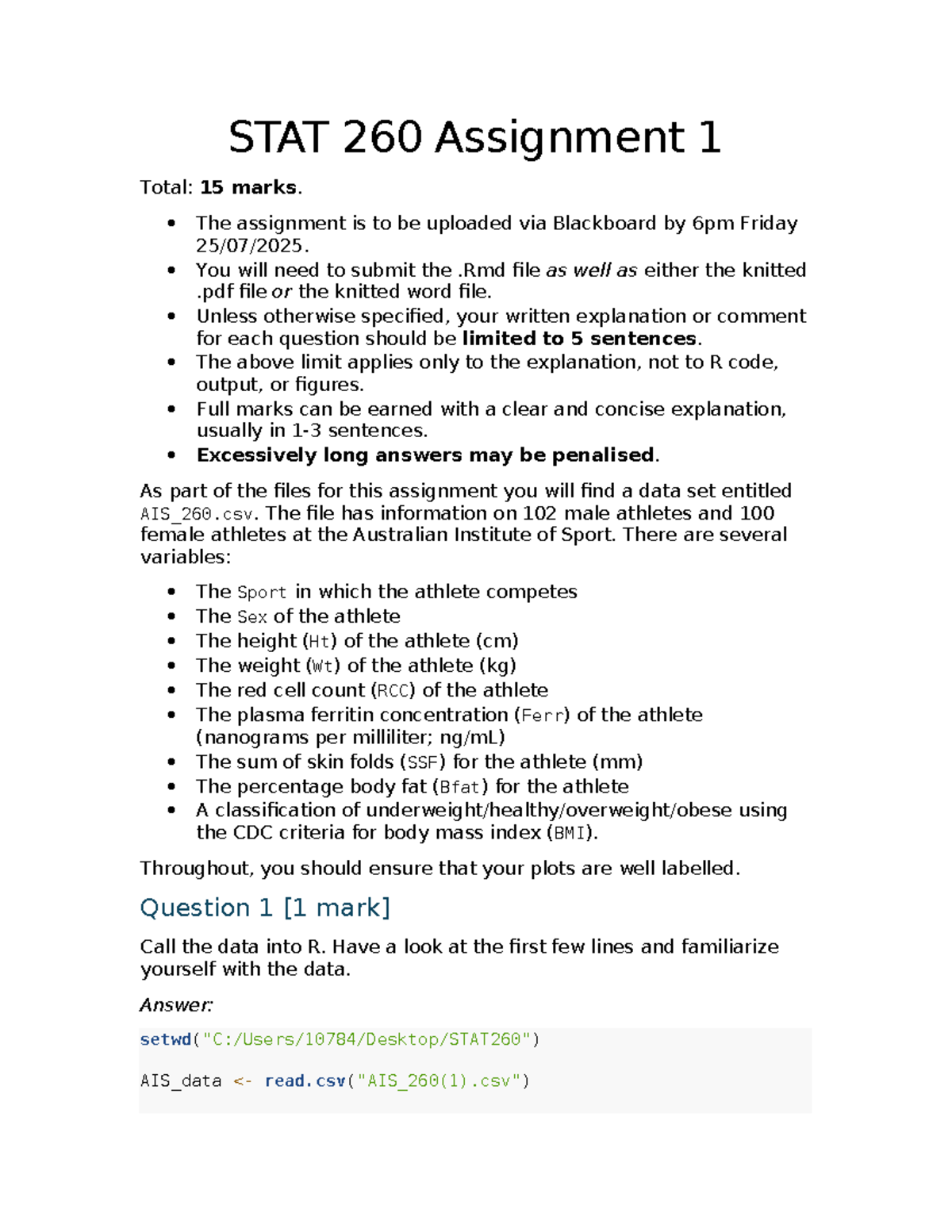 STAT 260 A1: Data Analysis & Visualization Assignment Guide - Studocu