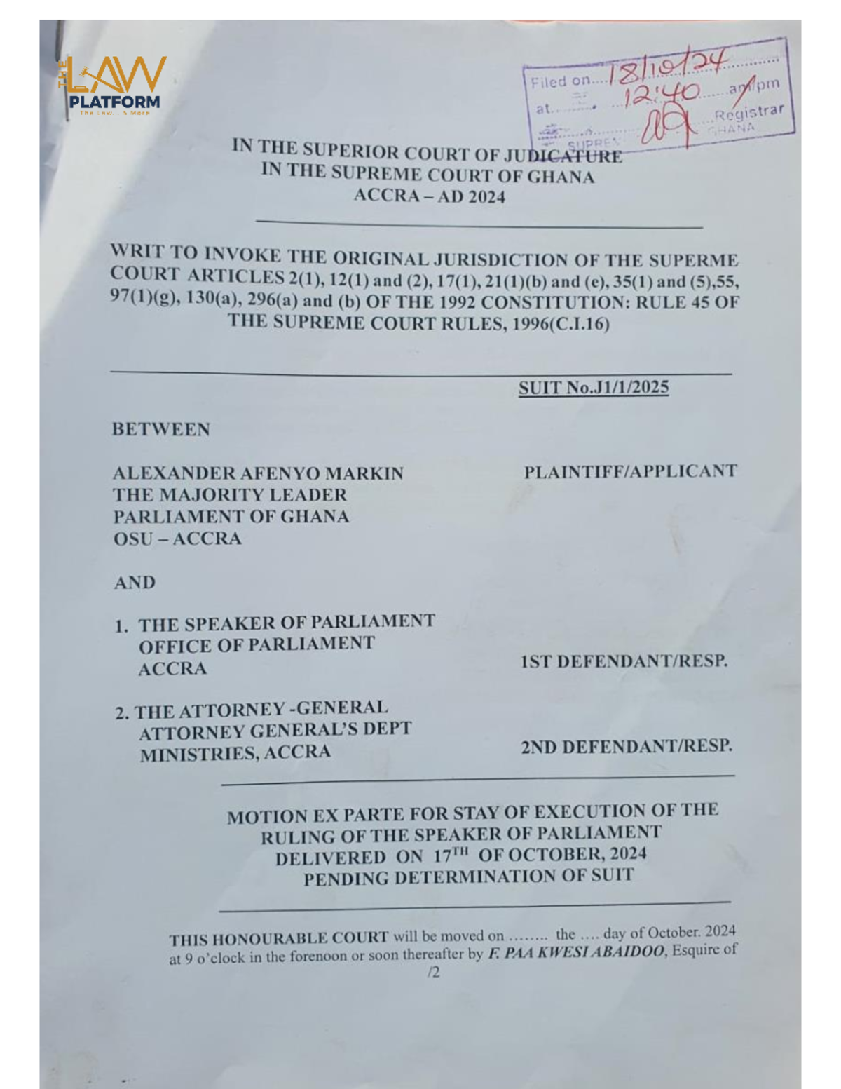 Motion FOR STAY - Yep - AW Filed on 12:40 amping PLATFORM The Law ...