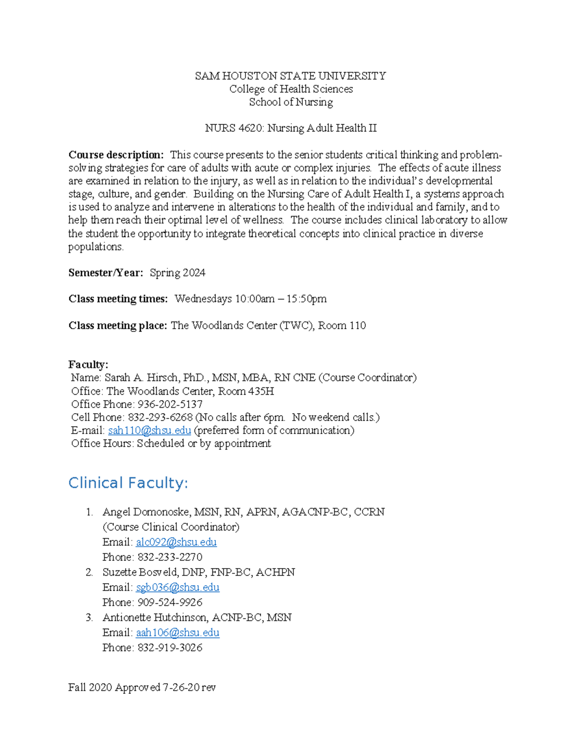 Syllabus for NURS 4620: Nursing Adult Health II - Spring 2024 - Studocu