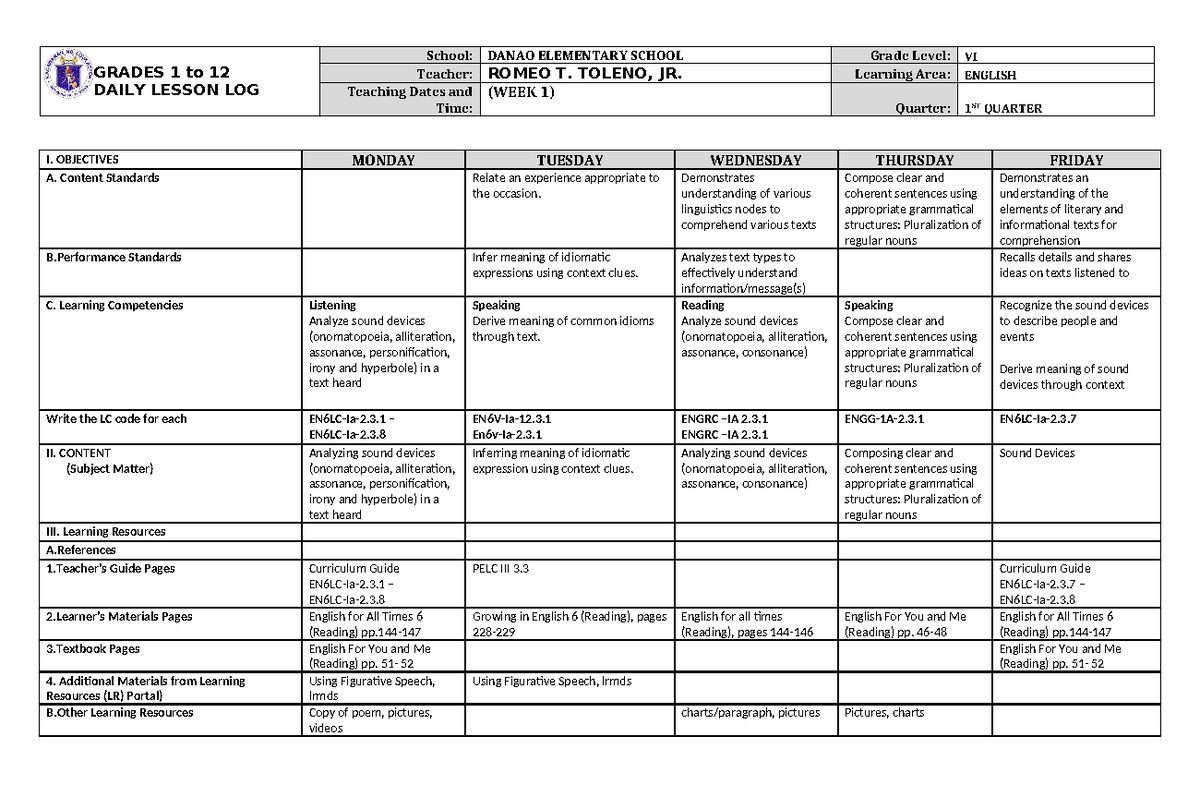 DLL English 6 Q1 W1: Daily Lesson Log and Objectives - Studocu