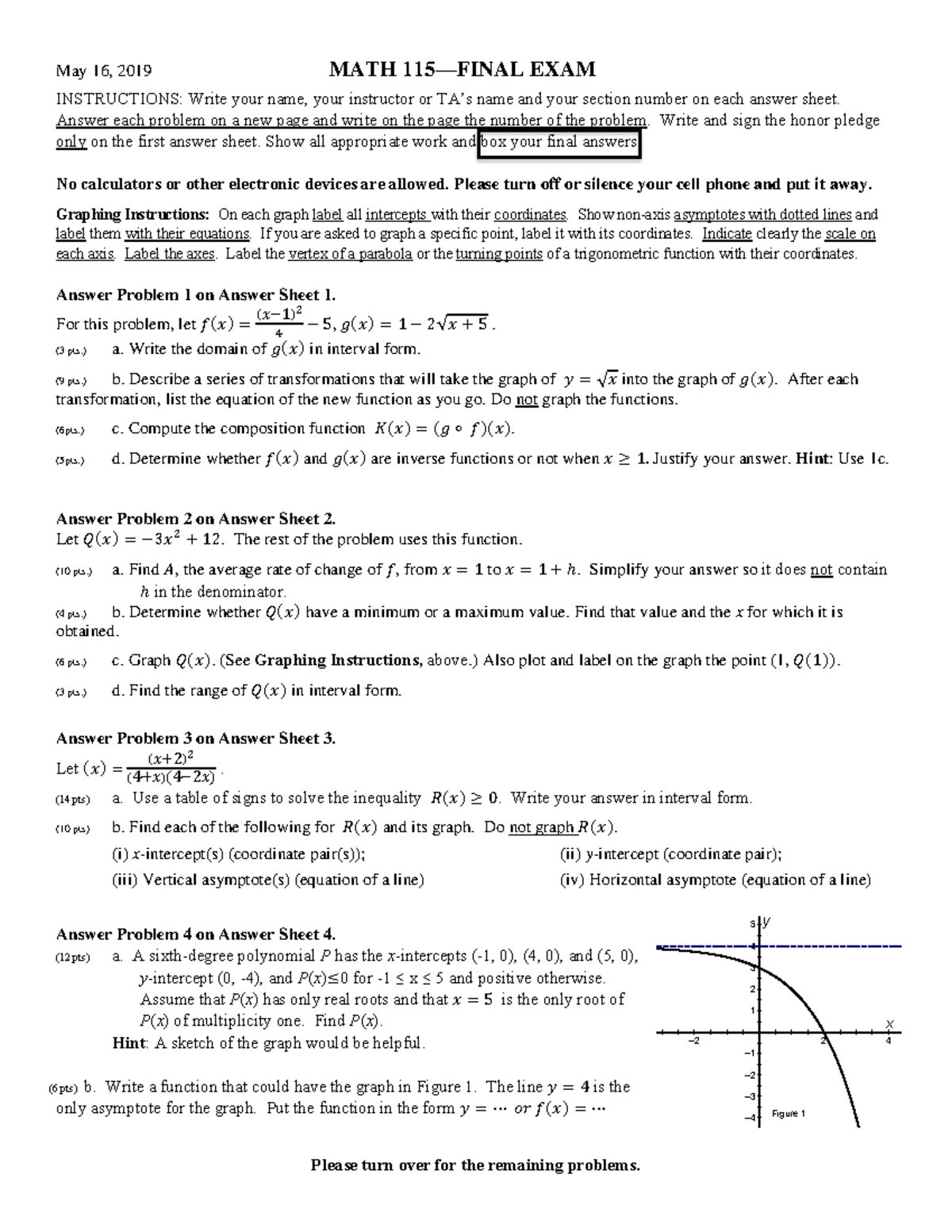 MATH 115 - FINAL EXAM Comprehensive Problem Set Instructions - Studocu