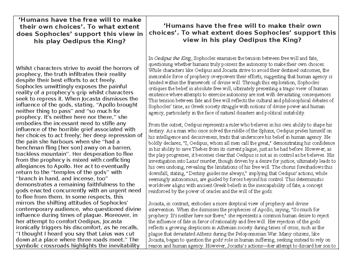 ENG 101: The Illusion of Free Will in Oedipus the King - An Essay - Studocu