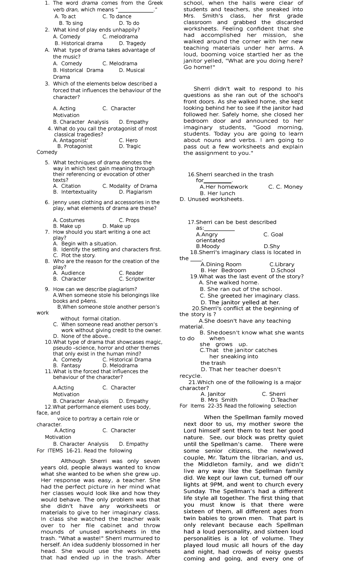Final Exam Study Guide: Creative Writing Techniques and Drama ...