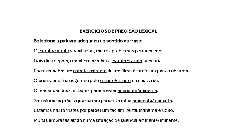 Exercícios de Precisão Lexical: Seleção de Palavras e Verbos - Studocu