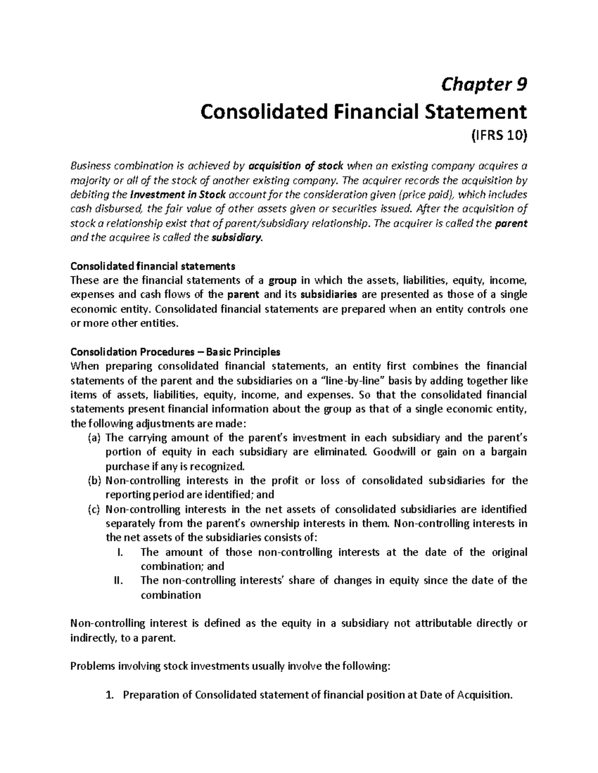Chapter 9: Business Combinations & Consolidated Financial Statements ...