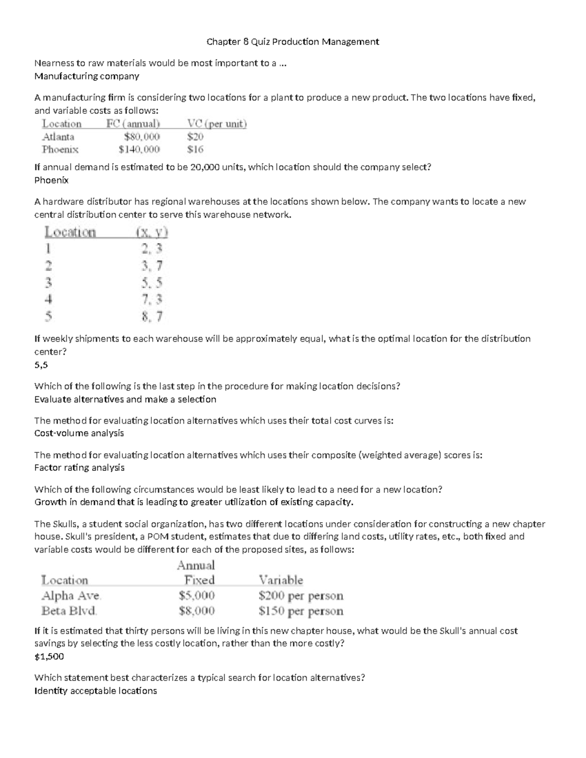 Chapter 8 Quiz: Production Management and Location Decisions - Studocu
