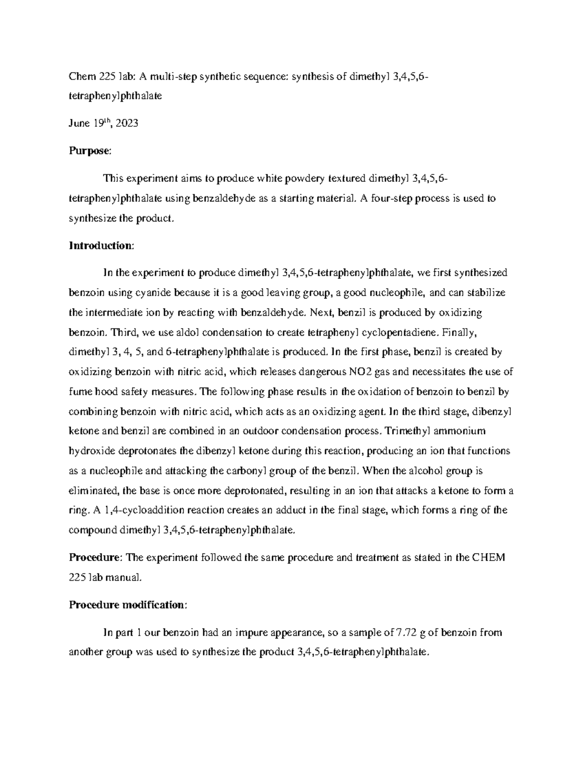 Chem 225 Lab 3: Synthesis of Dimethyl 3,4,5,6-Tetraphenylphthalate ...
