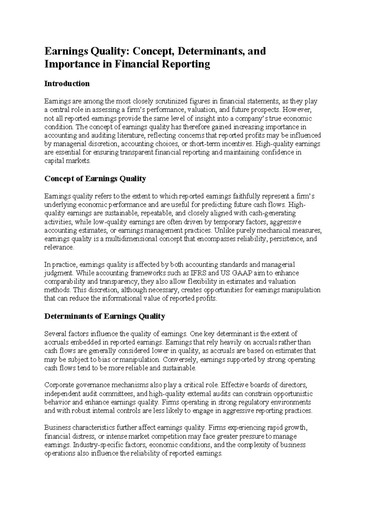 Earnings Quality: Key Concepts and Determinants in Financial Reporting ...
