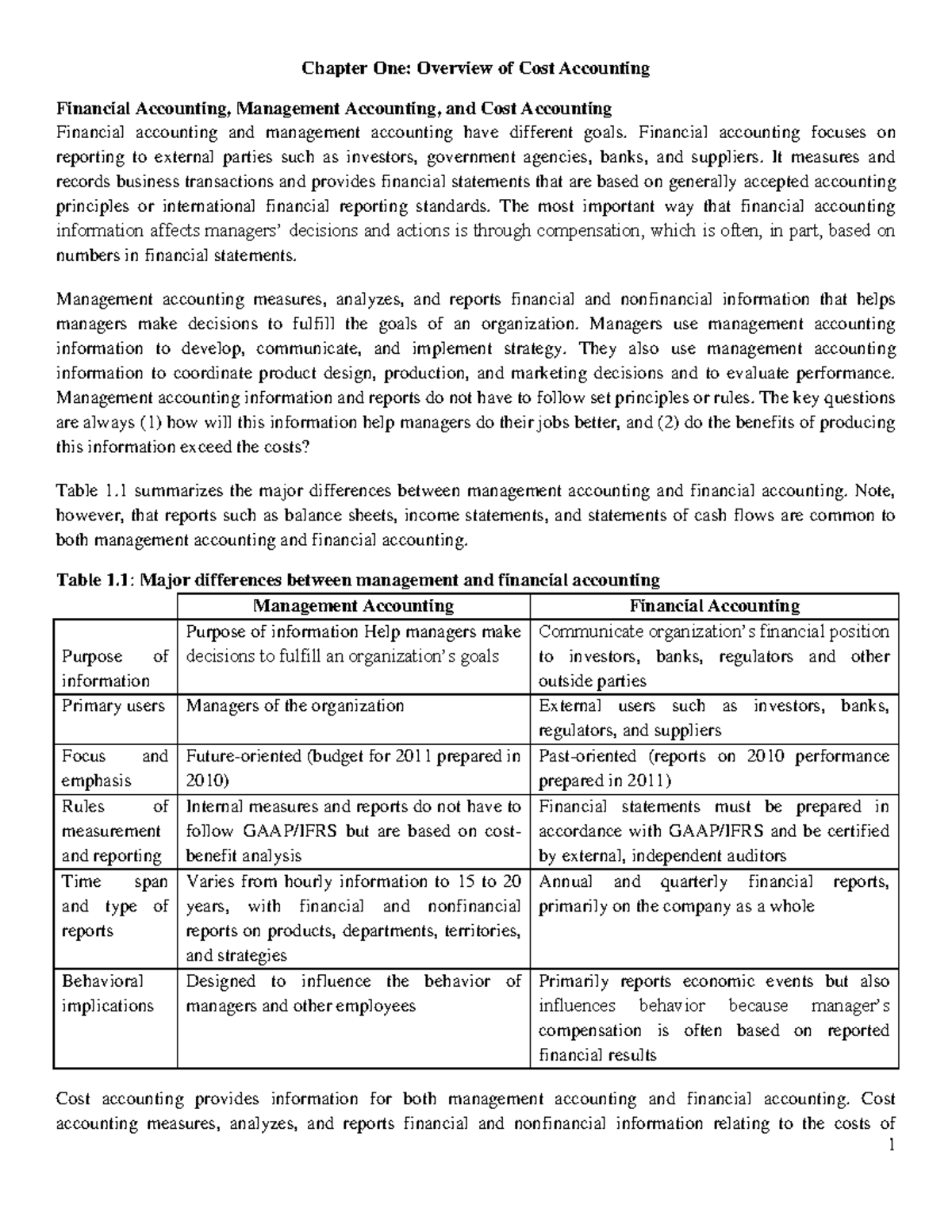CMA 1 CH 1: Overview of Cost Accounting Principles and Practices - Studocu