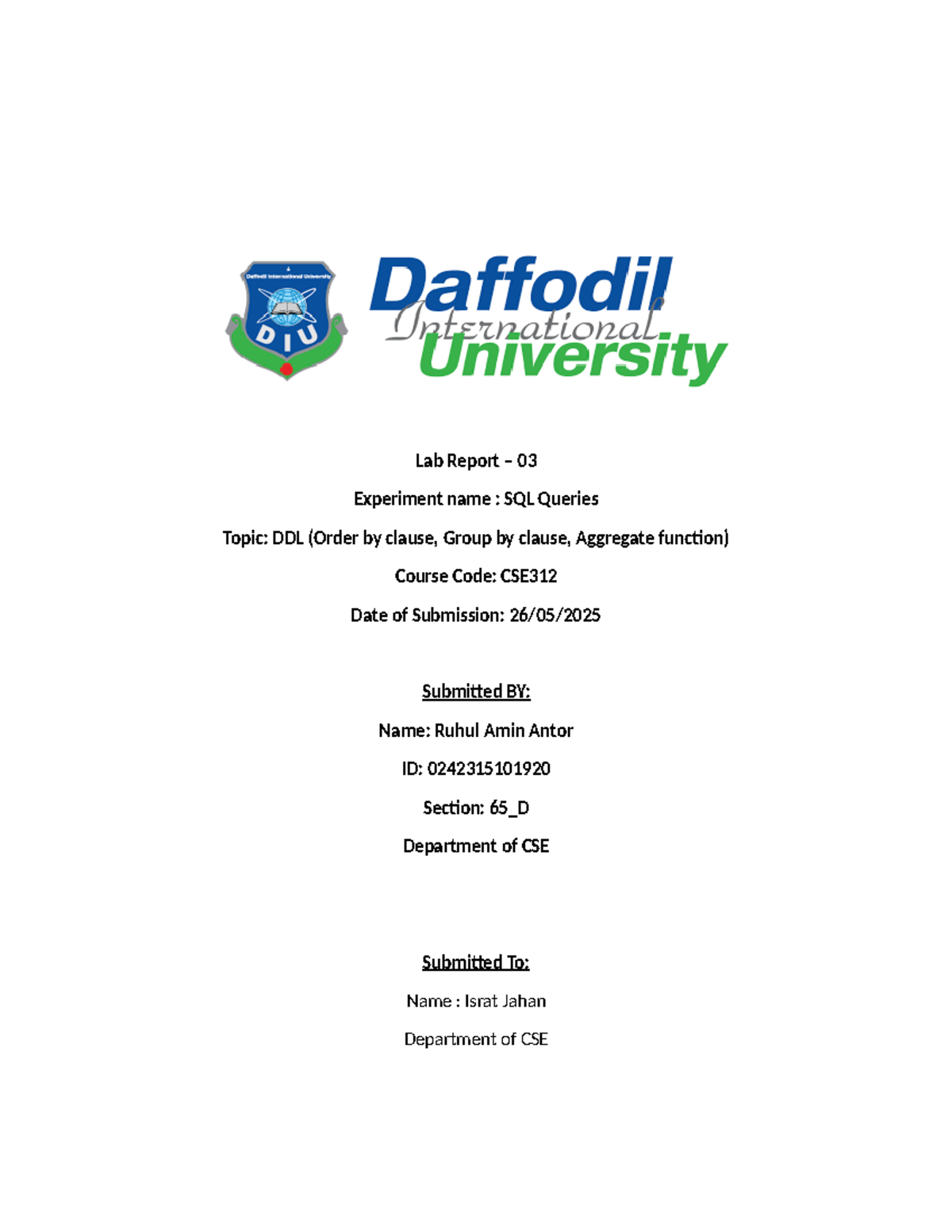 CSE312 Lab Report 03: SQL Queries on DDL and Aggregates - Studocu