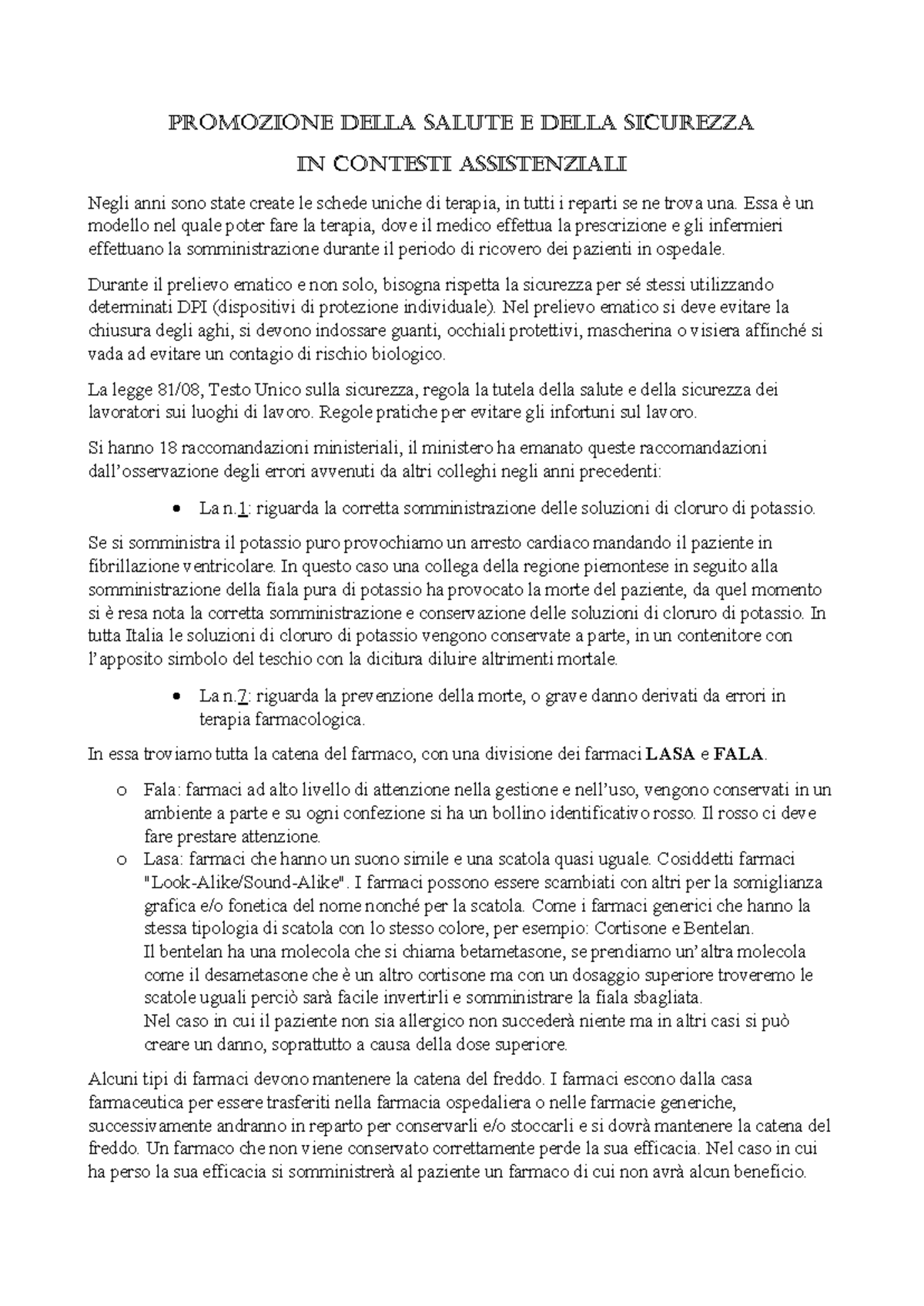 Promozione della Salute e Sicurezza in Contesti Assistenziali - Appunti ...