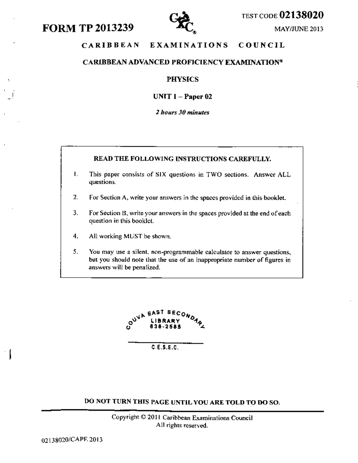 CAPE Physics Unit 1 Paper 2 Exam 2013 - Comprehensive Guide - Studocu