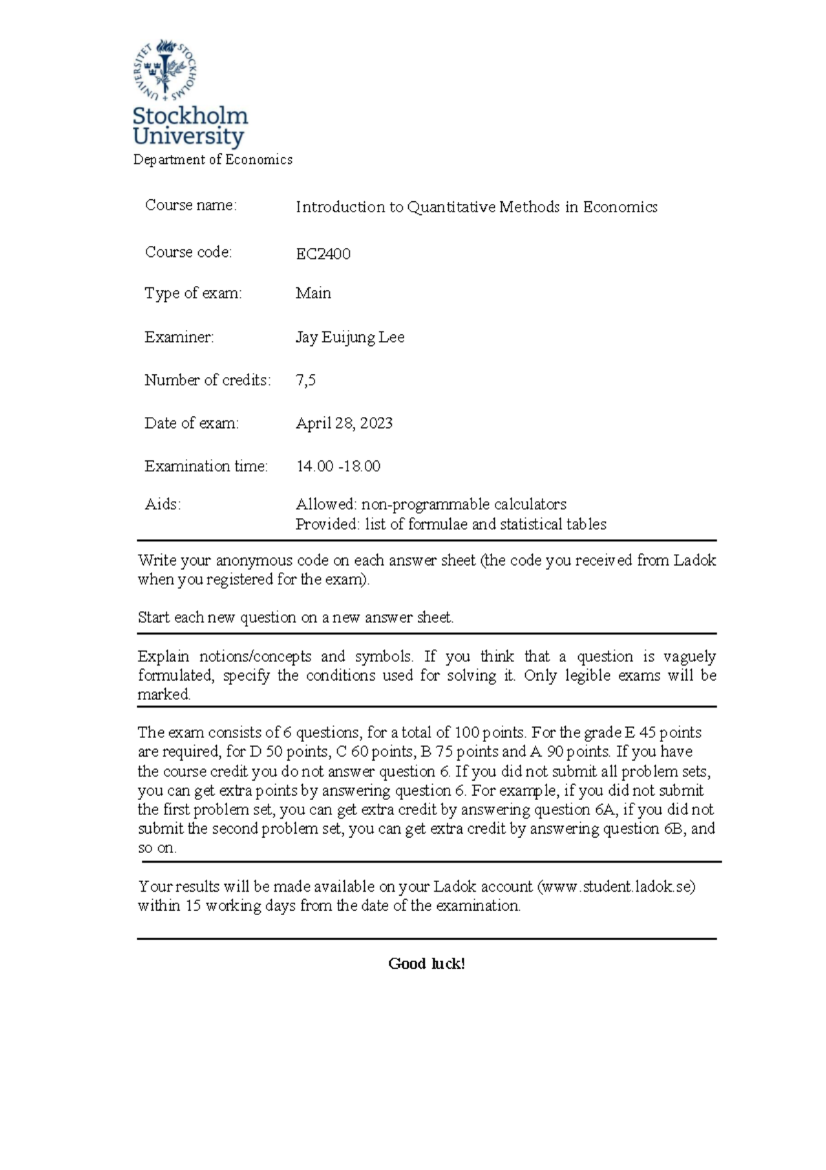 EC2400 Final Exam: Introduction to Quantitative Methods in Economics ...