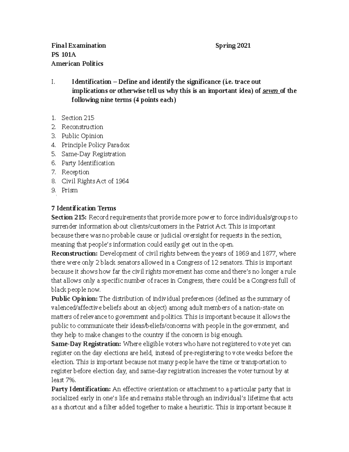 PS101 Final Exam Notes - American Politics Overview - Studocu