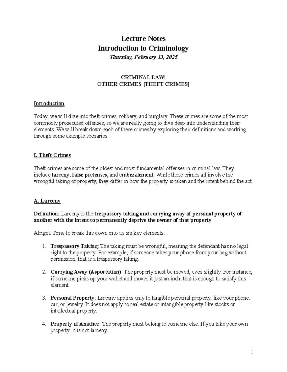 CRIM 101: Detailed Lecture Notes on Theft, Burglary, and Robbery - Studocu