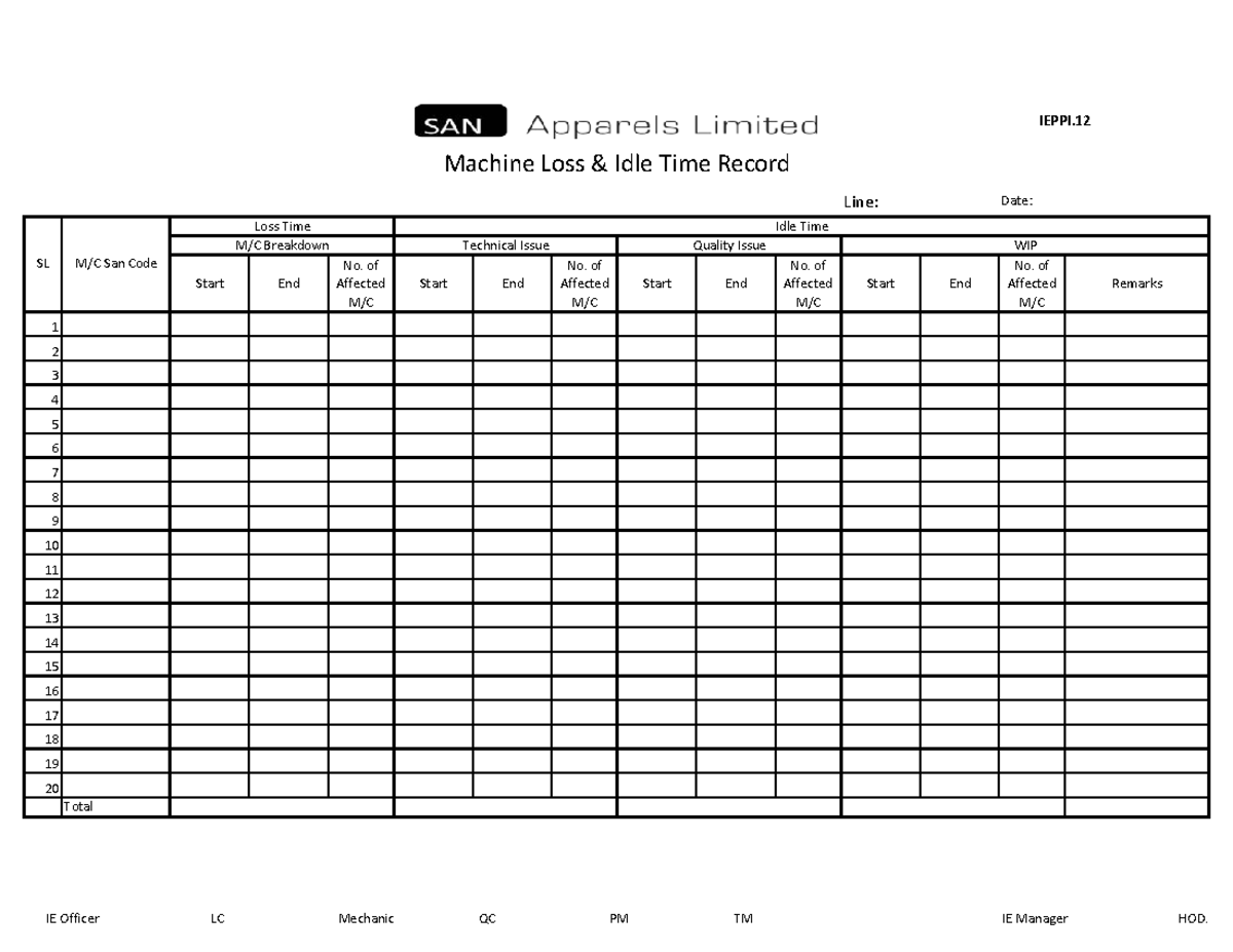 12. Machine Loss & Idle Time Record - Textile Engineering - Line: Date ...