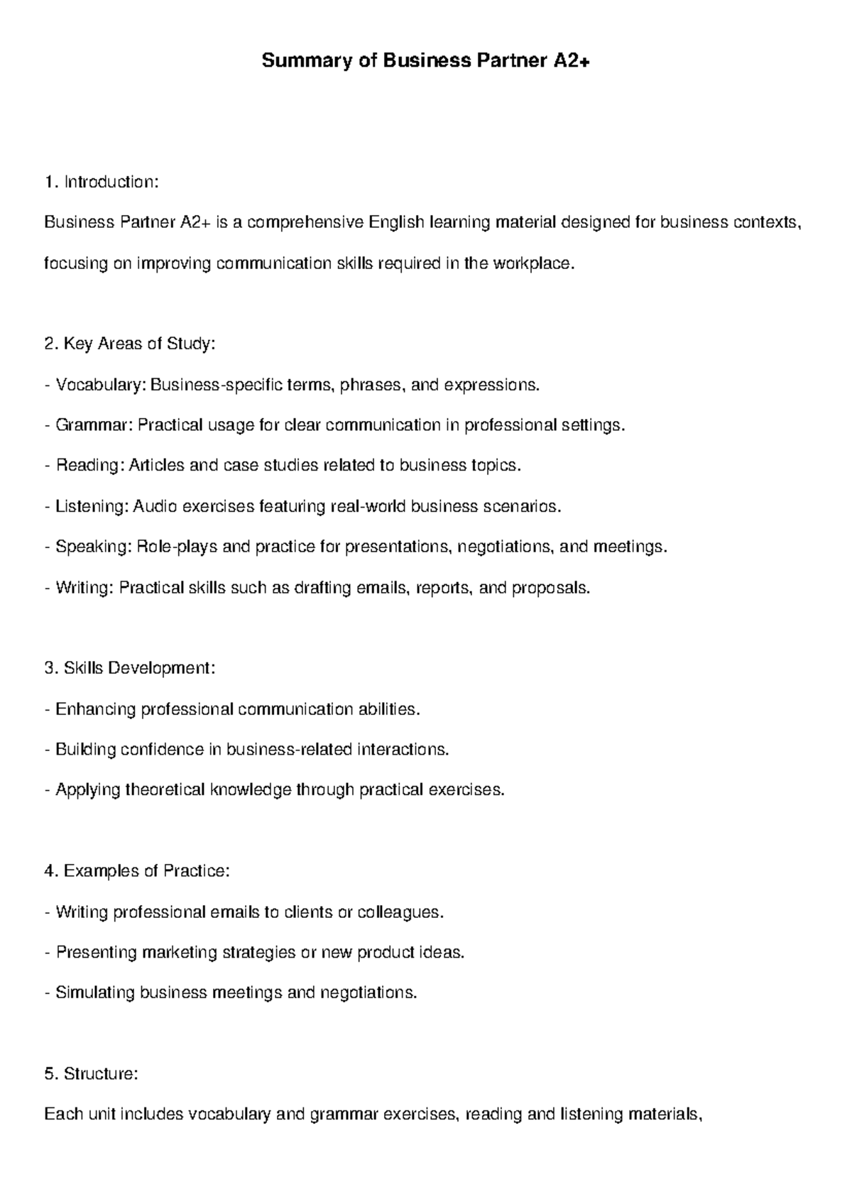 Business Partner A2 Summary - Summary of Business Partner A2 ...