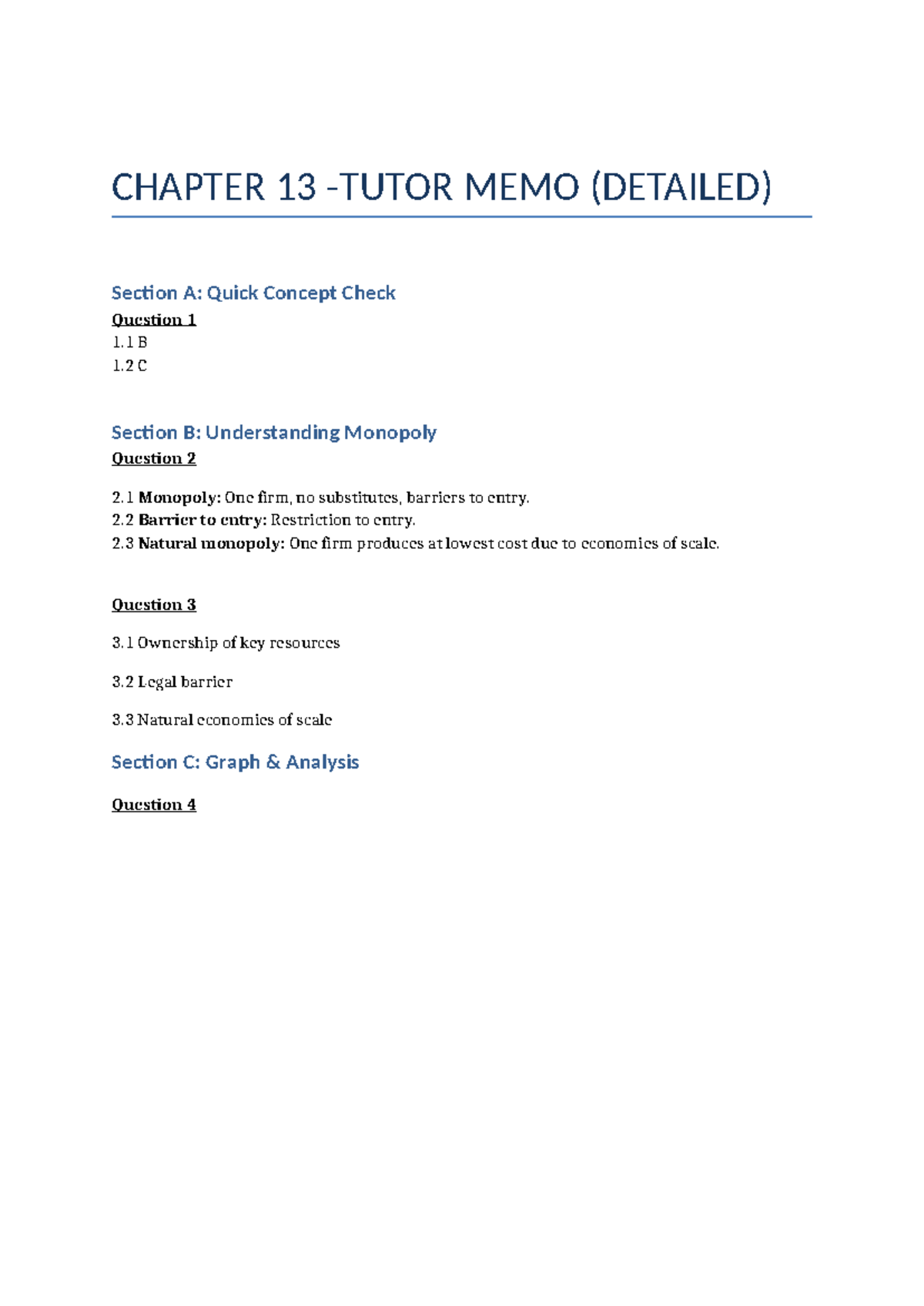 Chapter 13 Tutorial Memo: Understanding Monopoly Concepts - Studocu