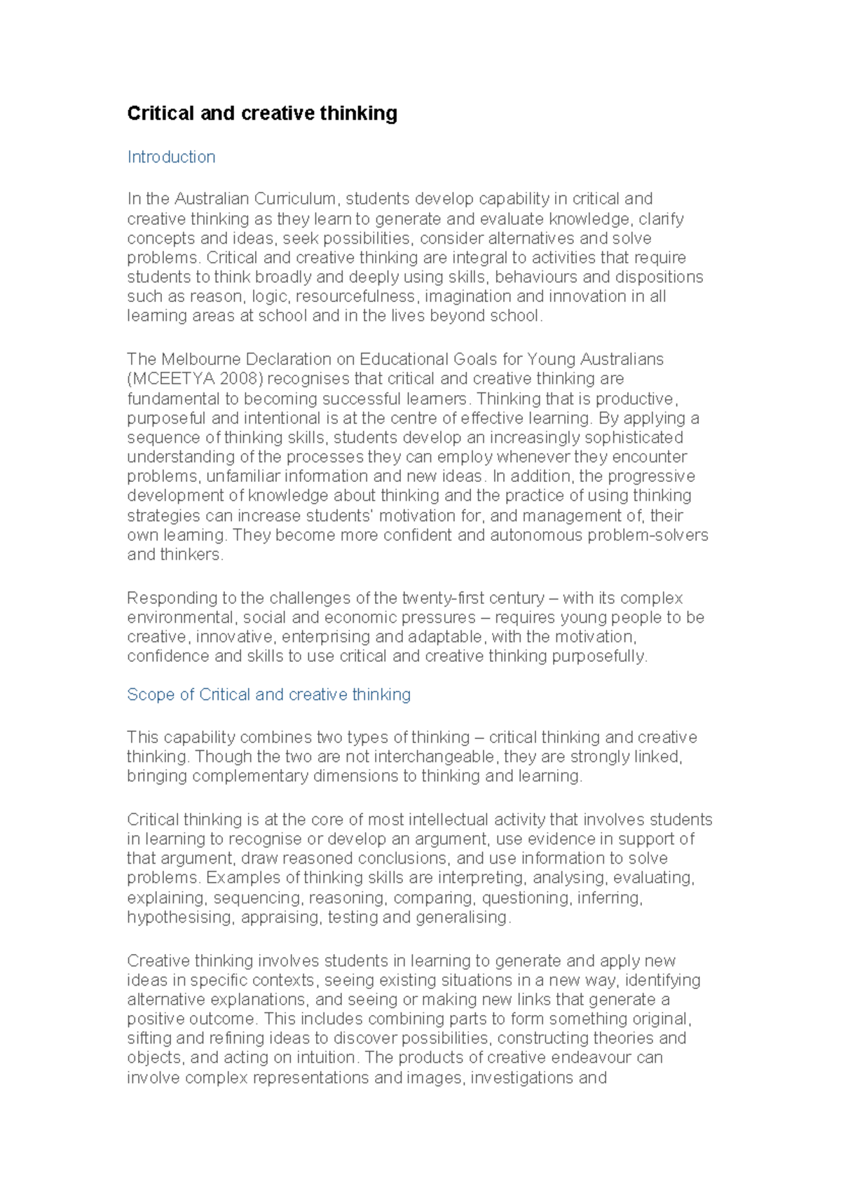 Critical and Creative Thinking in the Australian Curriculum: An ...