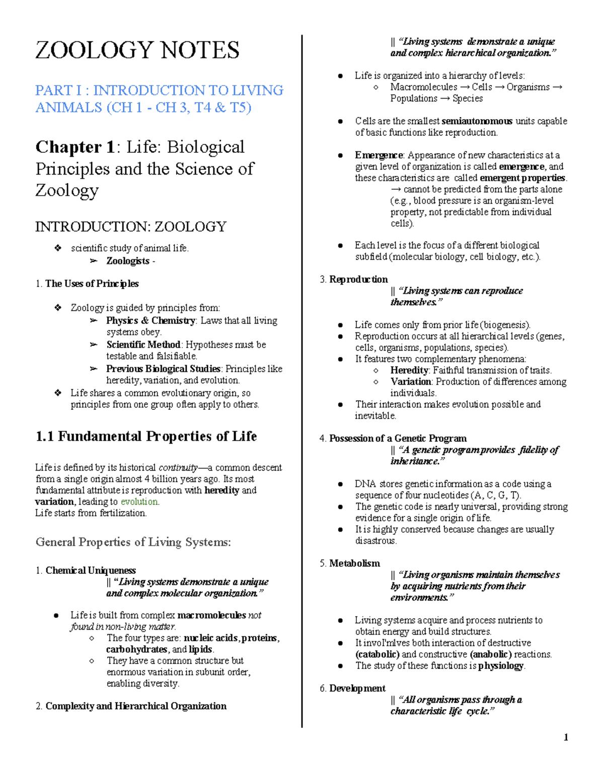 ZOO 101: Chapter 1 & 3 Notes on Biological Principles of Zoology - Studocu