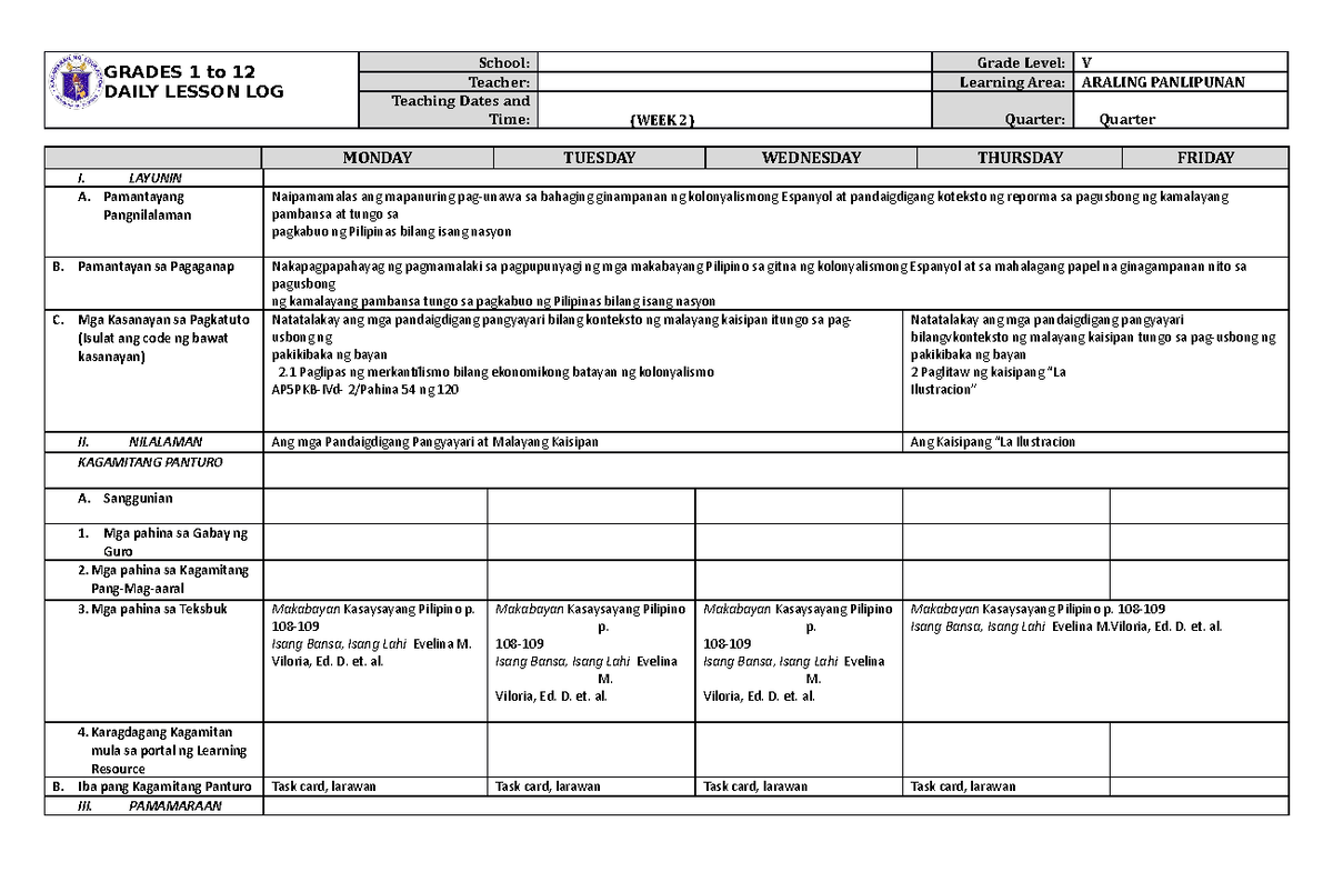 Grade 5 DLL Araling Panlipunan 5 Q4 Week 2 - GRADES 1 to 12 DAILY ...