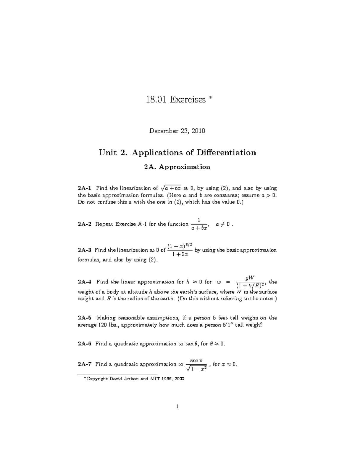 Final Exam Study Notes for 18.01SC: Applications of Differentiation 2A ...