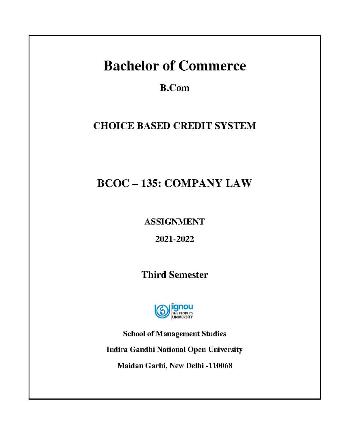 BCOC 135: Company Law Assignment Guidelines for B.Com Students - Studocu