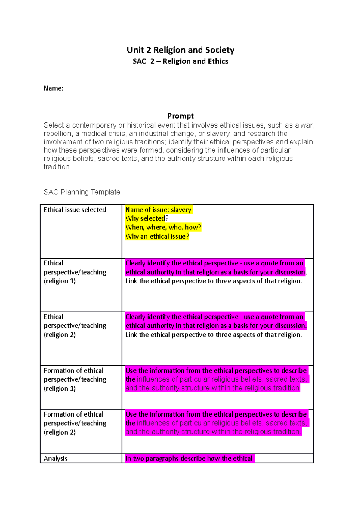 Unit 2 Religion and Society SAC 2 - Link the ethical perspective to ...