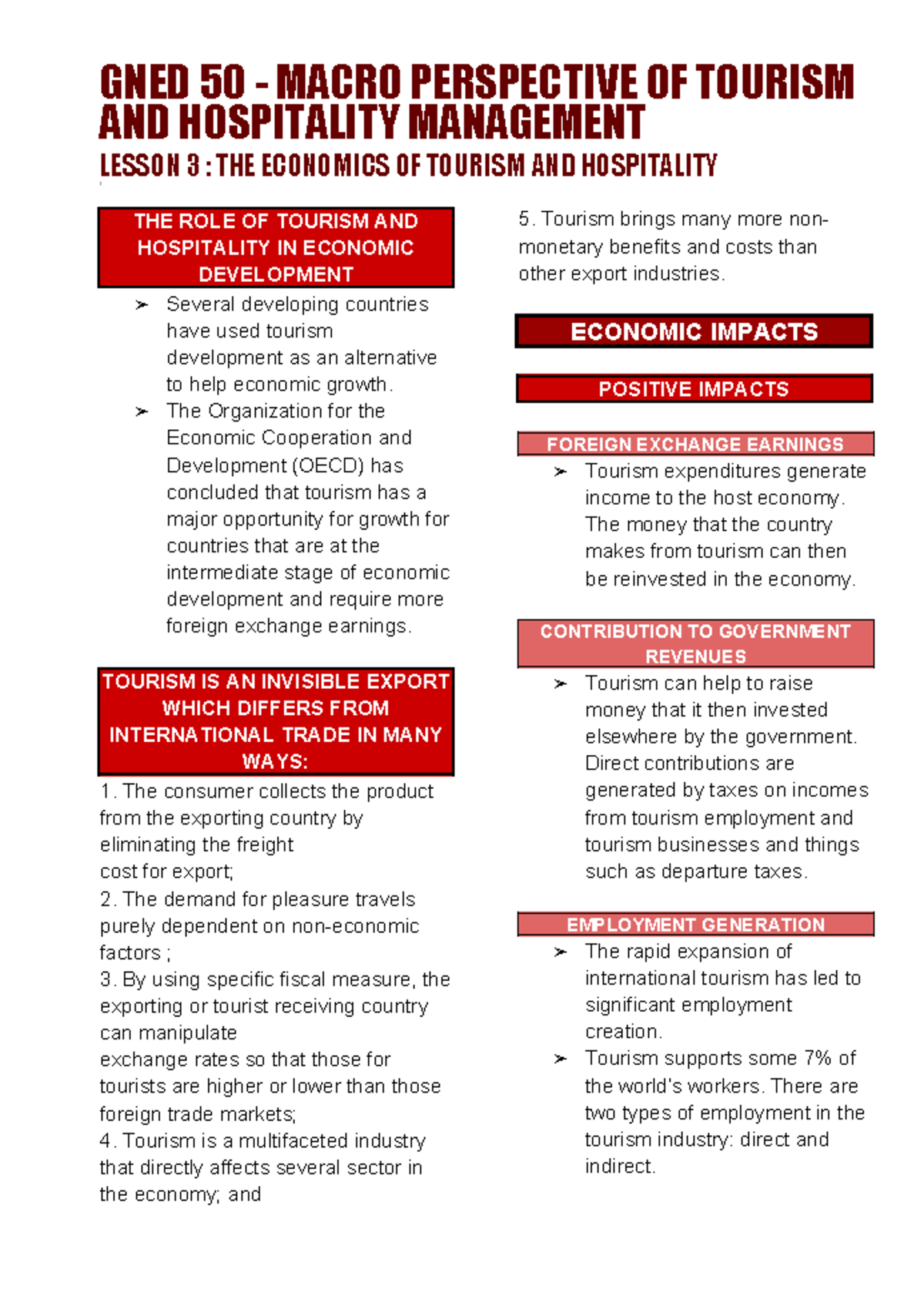 GNED 50 Lesson 3: Economic Impacts of Tourism & Hospitality Management ...