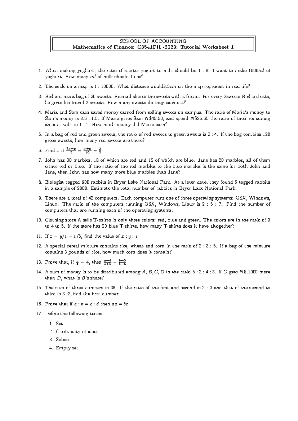 Tutorial Worksheet 1 - Accc - SCHOOL OF ACCOUNTING Mathematics of ...