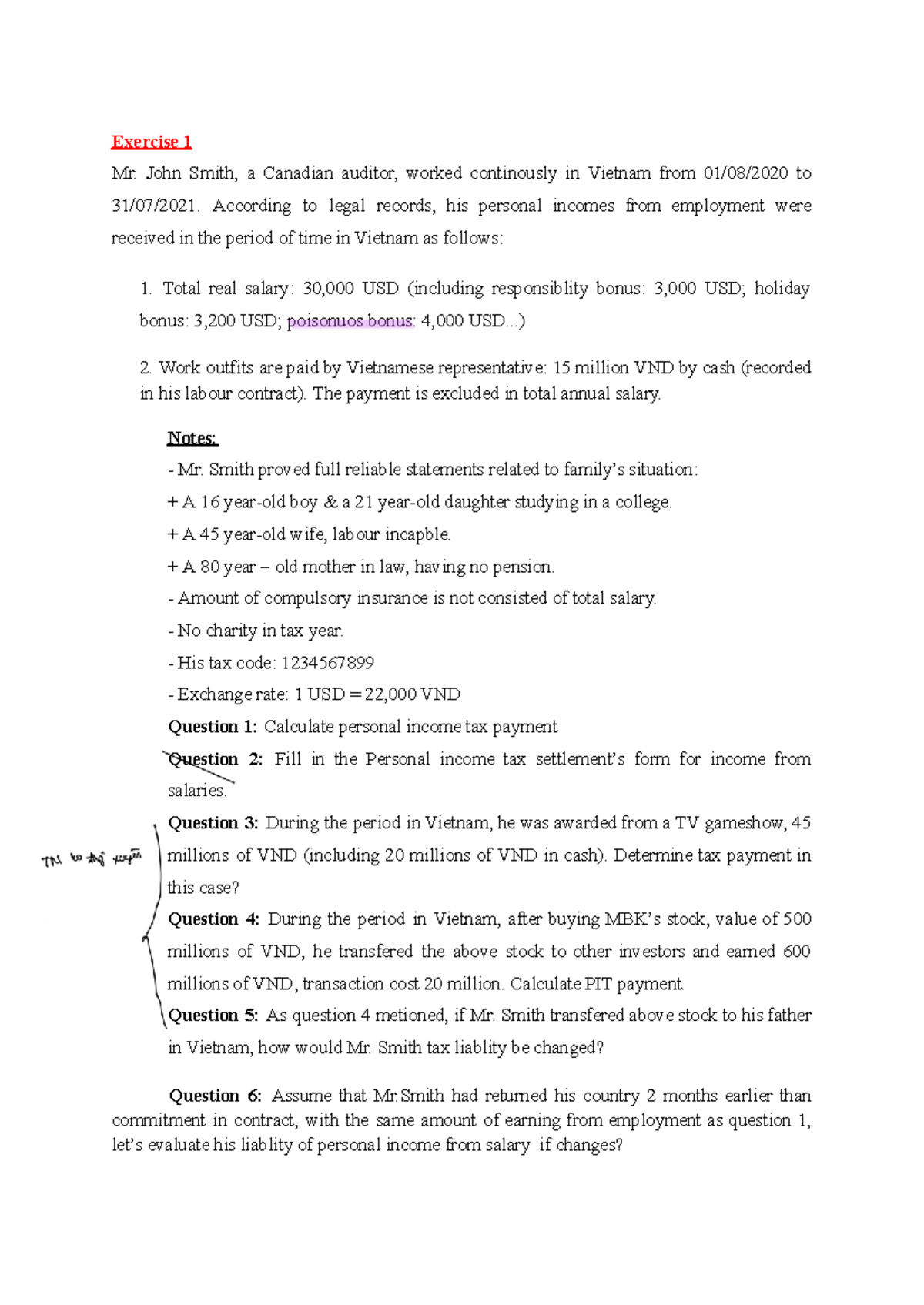 PIT Calculation Exercises for Income Tax - Course Code: PIT 101 - Studocu
