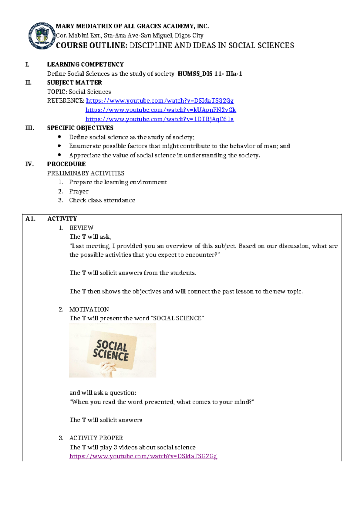 DISS-LP-1 - Course Outline for Discipline & Ideas in Social Sciences ...