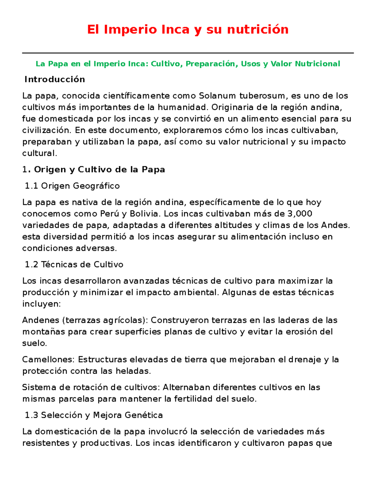 Historia borrador 2 - La Papa en el Imperio Inca: Cultivo y Nutrición ...