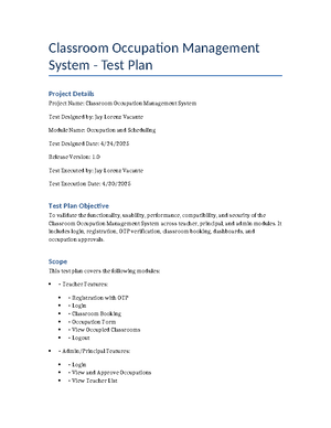 Example Test Plan v2.0 for Project Delivery Framework - Studocu