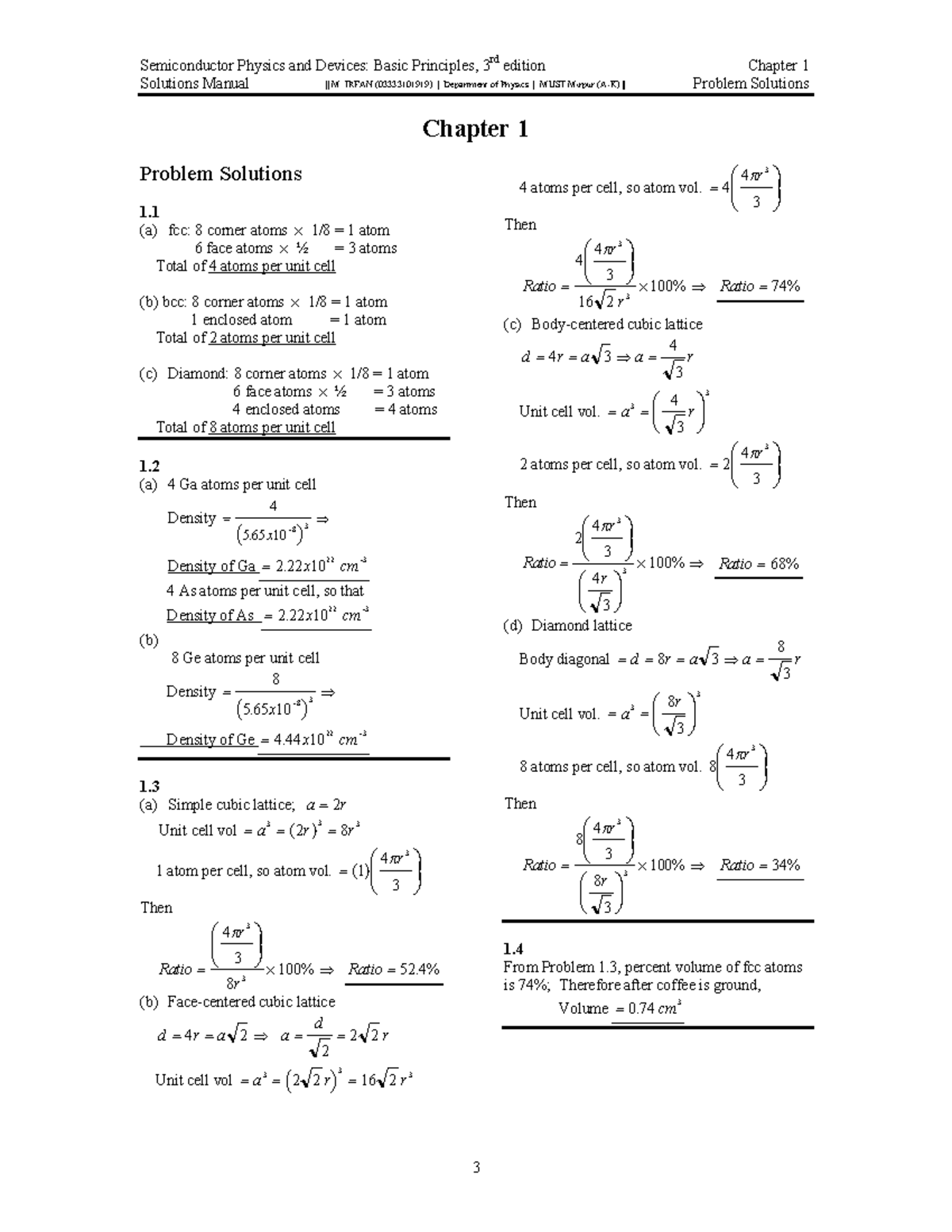 Semiconductor Physics and Devices: Solutions Manual for Chapter 1 & 2 ...