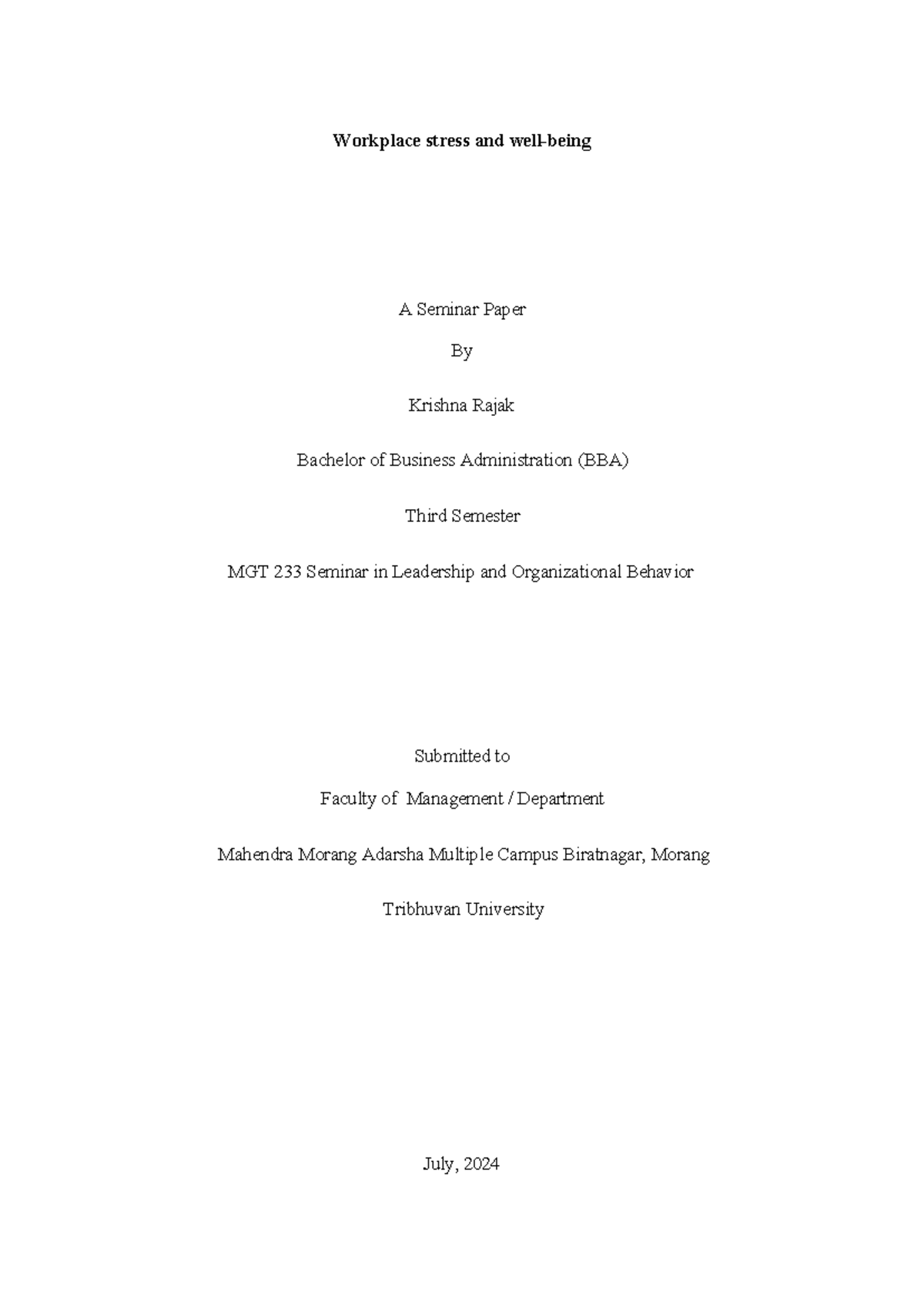 MGT 233 Seminar Paper: Workplace Stress and Employee Well-being - Studocu