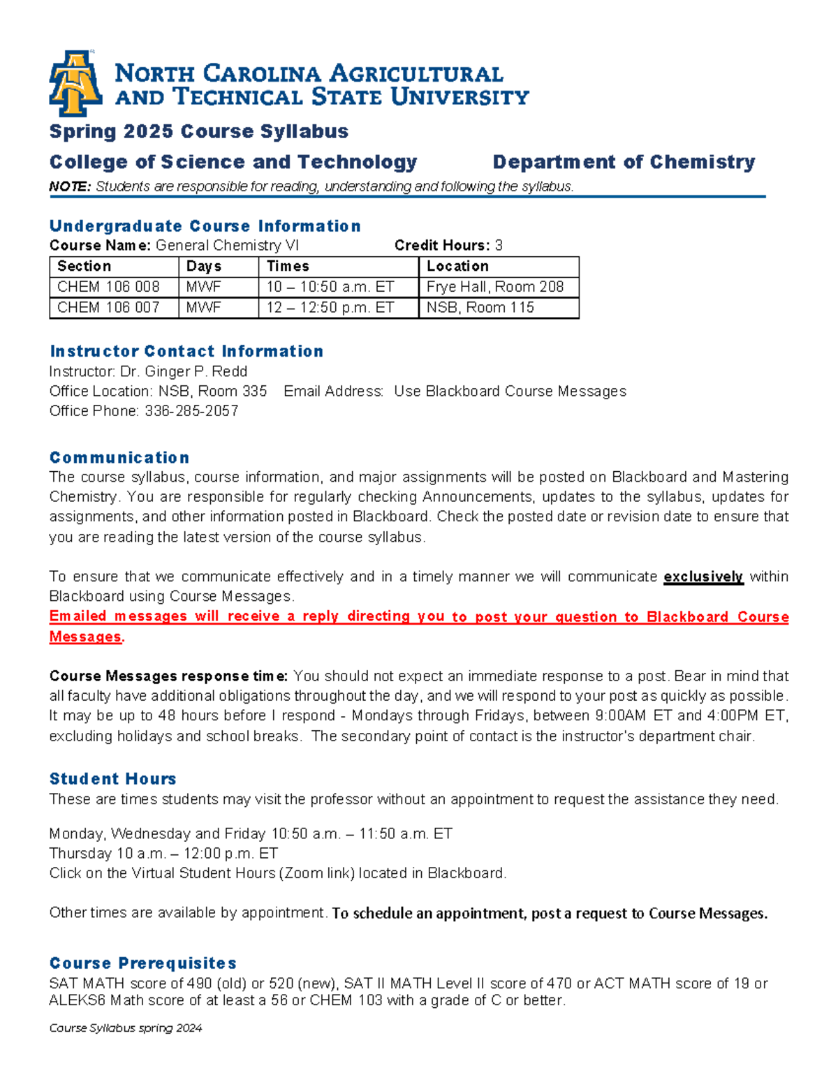 CHEM 106 Course Syllabus Spring 2025 - General Chemistry VI Overview ...
