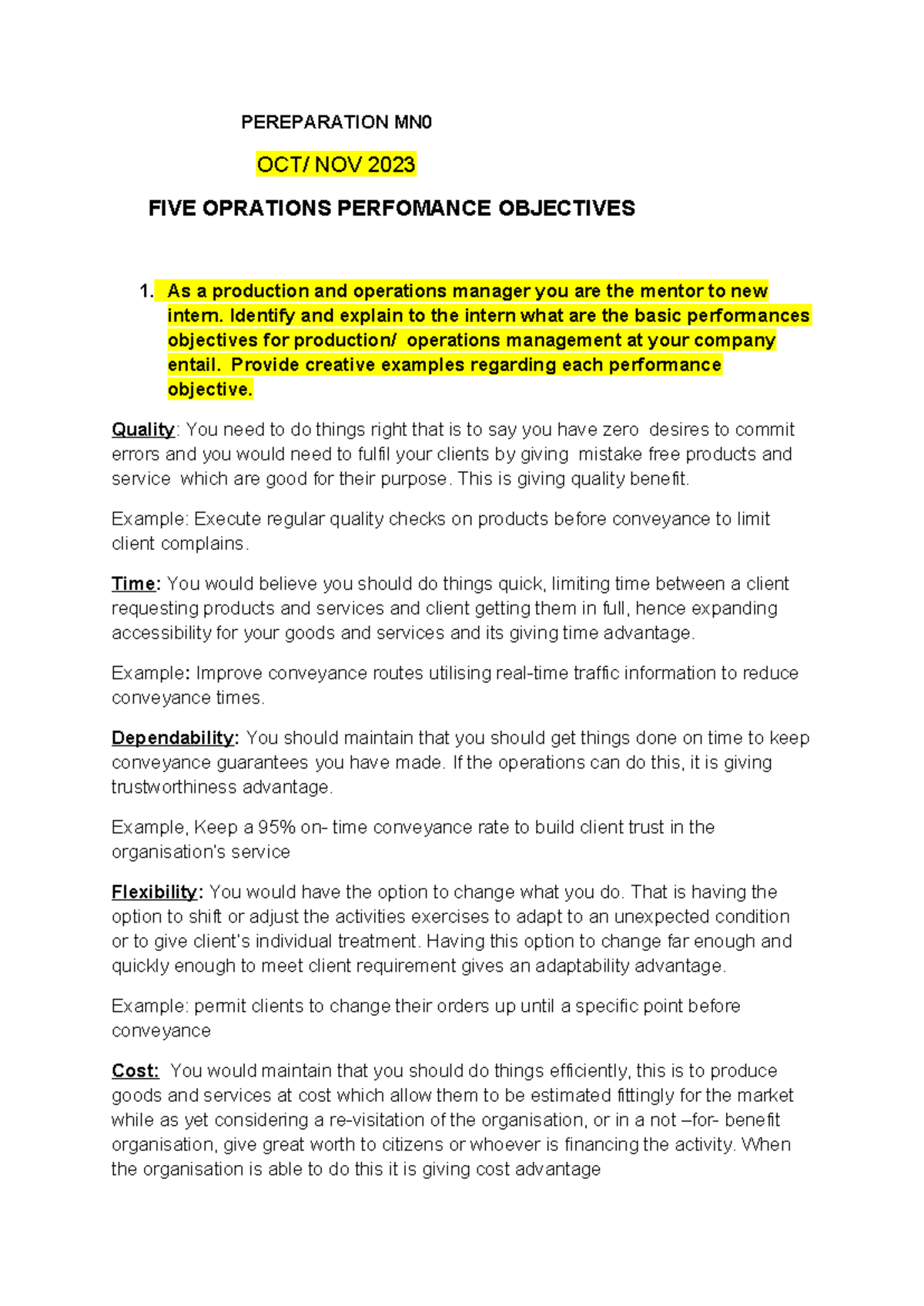 Preparation MN0 - Nov 2023 Operations Management Performance Objectives ...