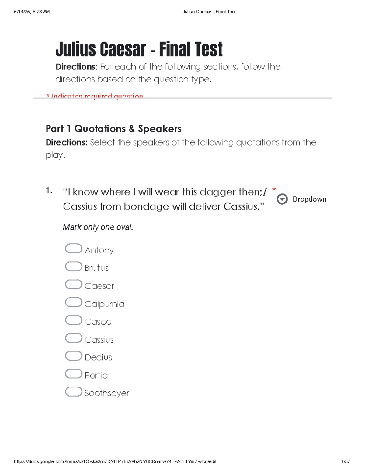 Julius Caesar - Final Test (2025): Questions & Quotations Analysis ...