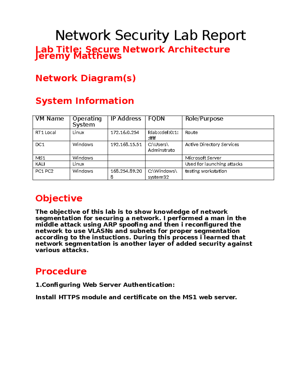 Secure Network Architecture Lab Report - NWS 101 Analysis and Findings ...