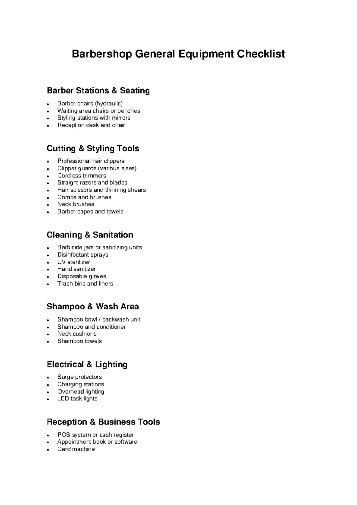 Barbershop Equipment Checklist for Stations & Tools - Studocu