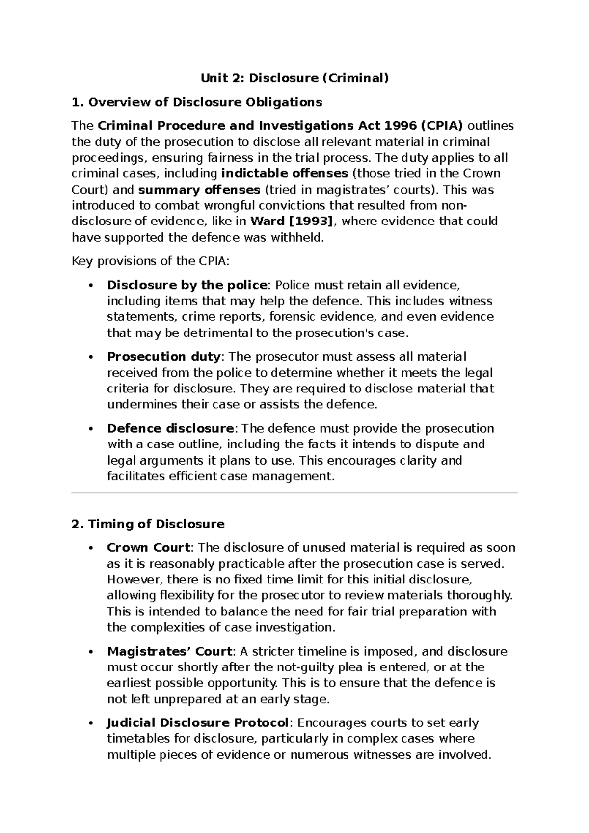 Unit 2: Disclosure Obligations in Criminal Proceedings (CPIA) - Studocu