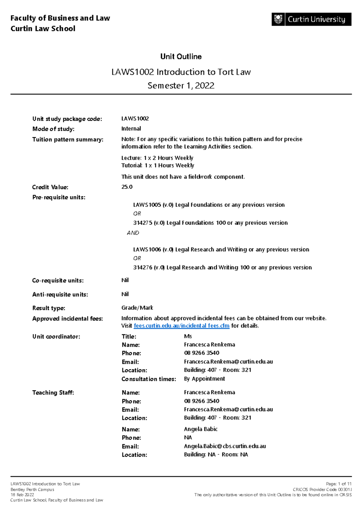 LAWS1002 Tort Law Unit Outline & Assessment Details for Semester 1 ...