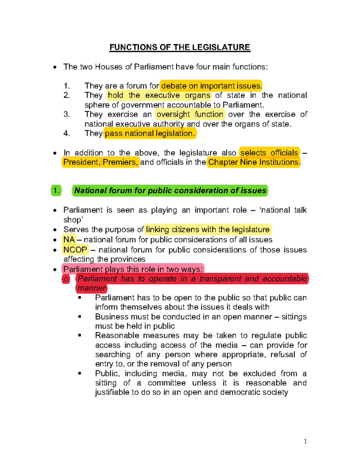 Functions of the Legislature: Key Roles and Accountability - Studocu