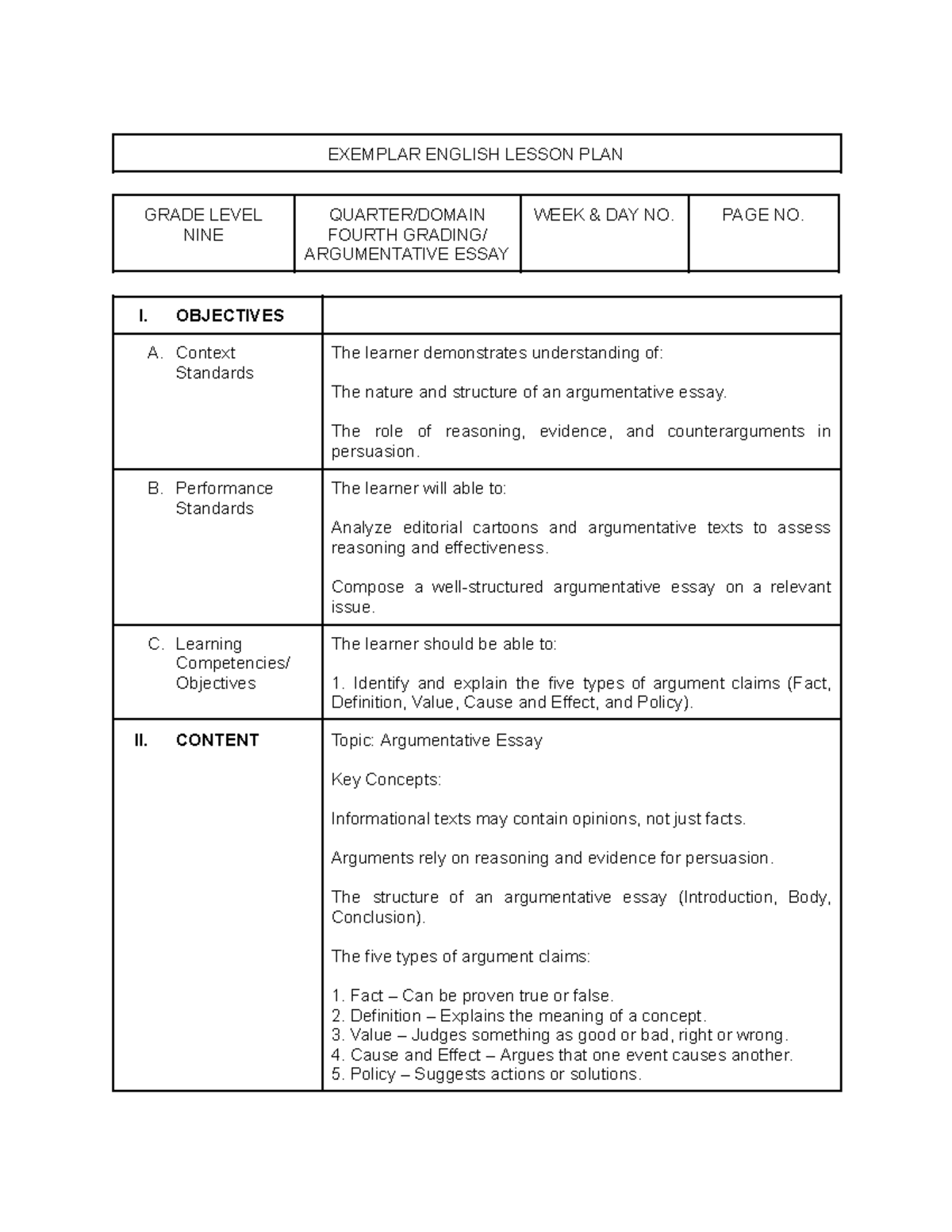 LP 9: English Lesson Plan for Argumentative Essay Writing - Studocu
