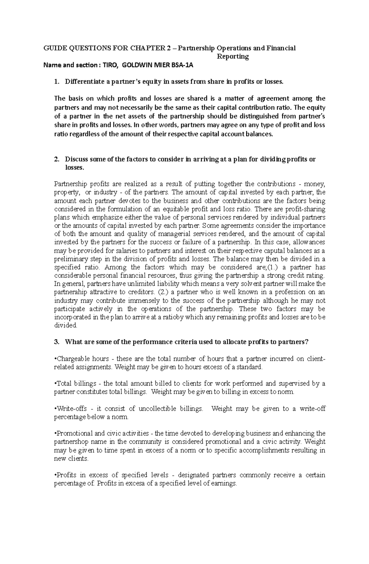 Chapter 2 Review Questions: Partnership Ops & Fin Reporting (BSA-1A ...
