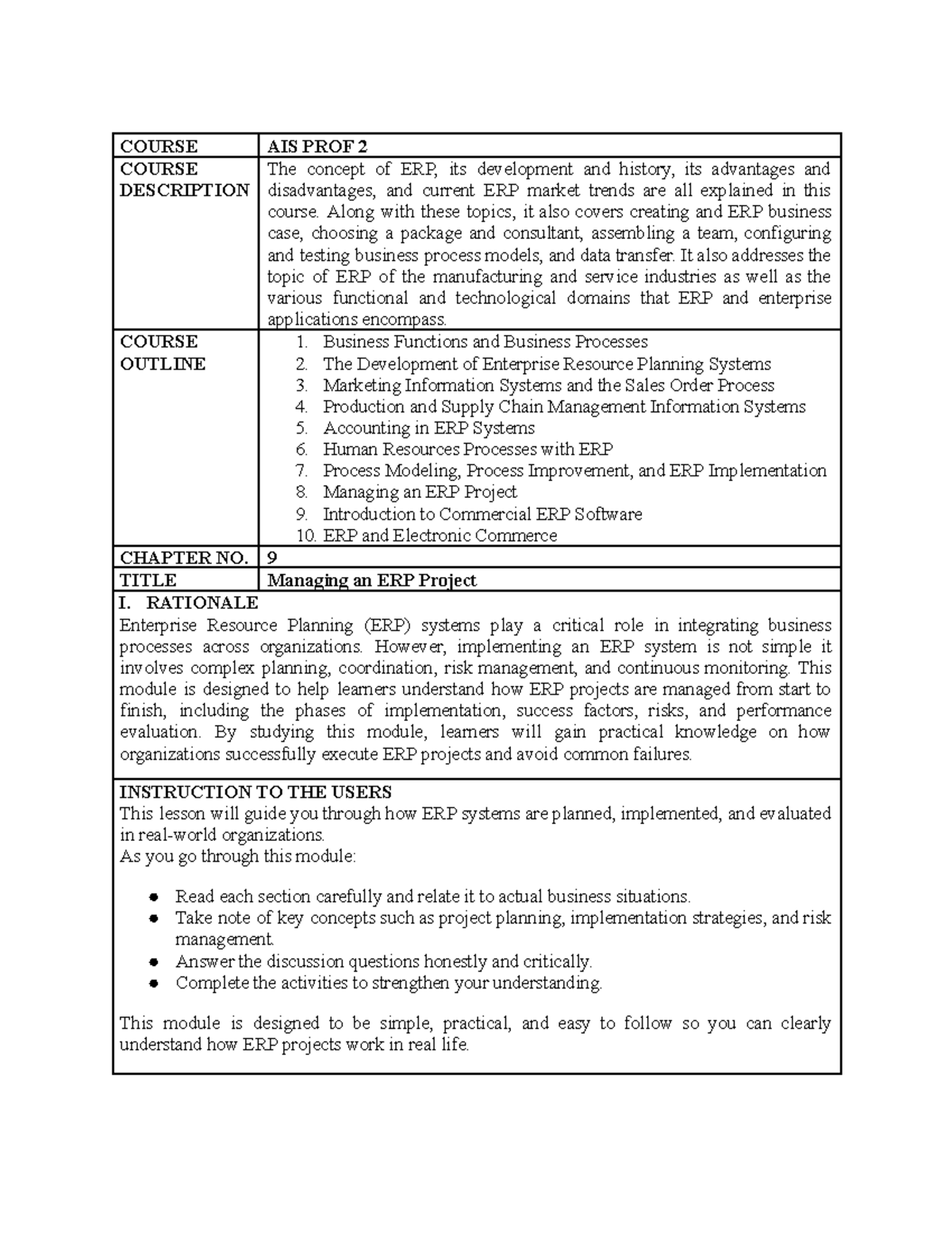 Module 9: Managing an ERP Project - Key Concepts and Strategies - Studocu